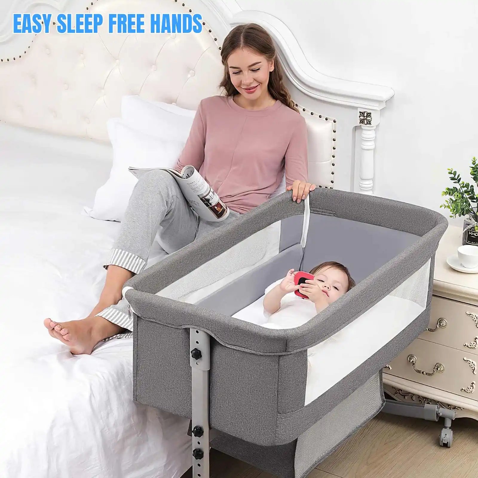 Baby Crib 3 in 1 Baby bed Bedside Crib Baby Playpen 0-3 years child multi-function folding and lifting With Mosquito Net & Wheel