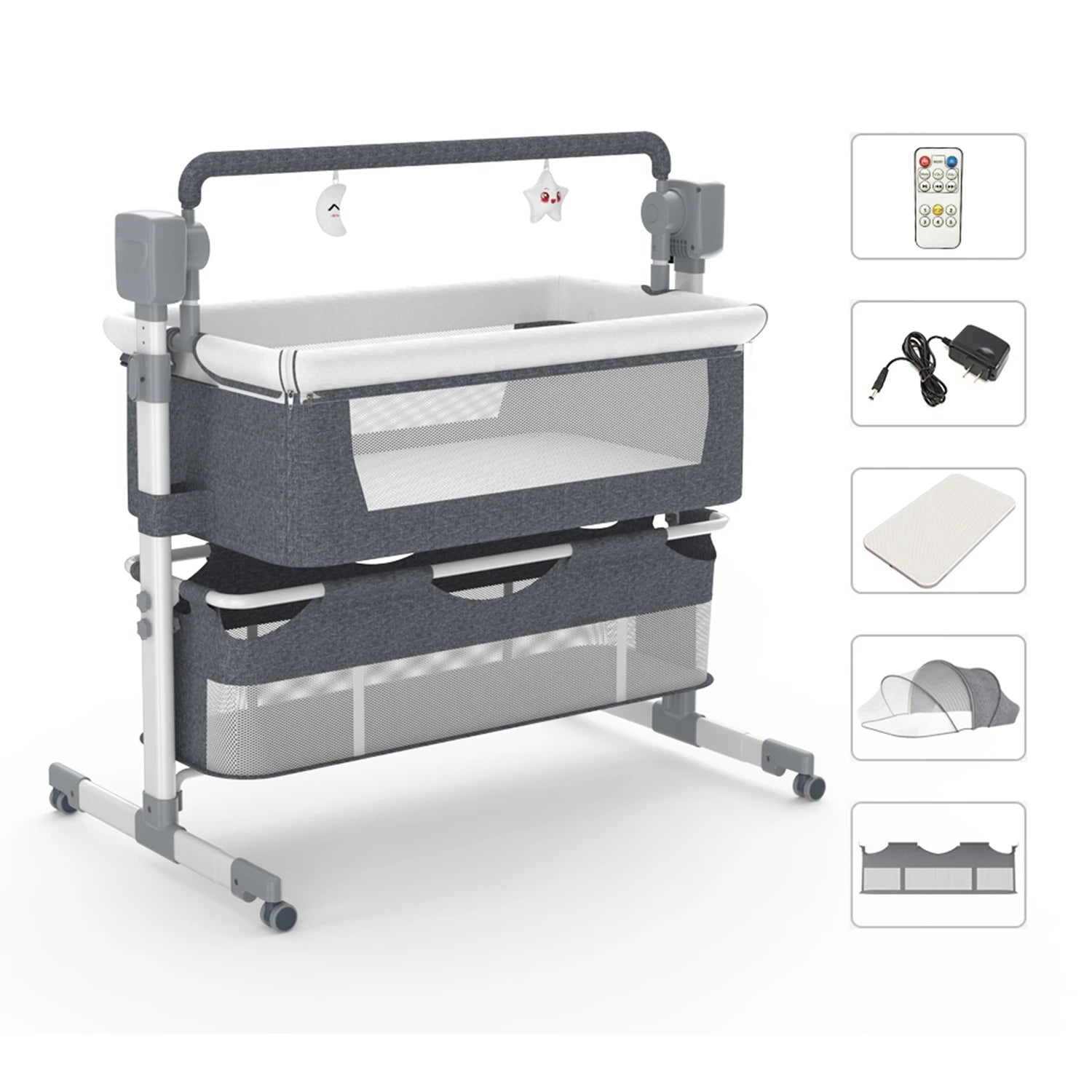 Bassinet for Baby,Automatic Rocking Bassinet with Remote,Wheels, Newborn Bedside Sleeper,Co-sleeper suit 0-6M, Travel Baby Cribs