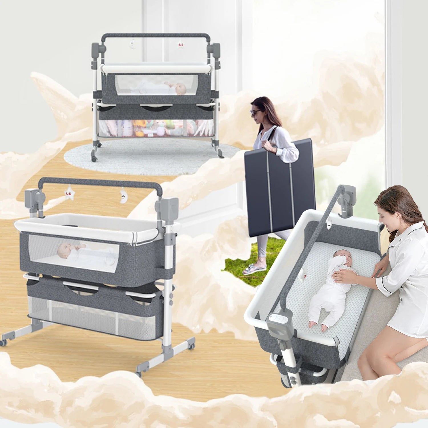 Bassinet for Baby,Automatic Rocking Bassinet with Remote,Wheels, Newborn Bedside Sleeper,Co-sleeper suit 0-6M, Travel Baby Cribs