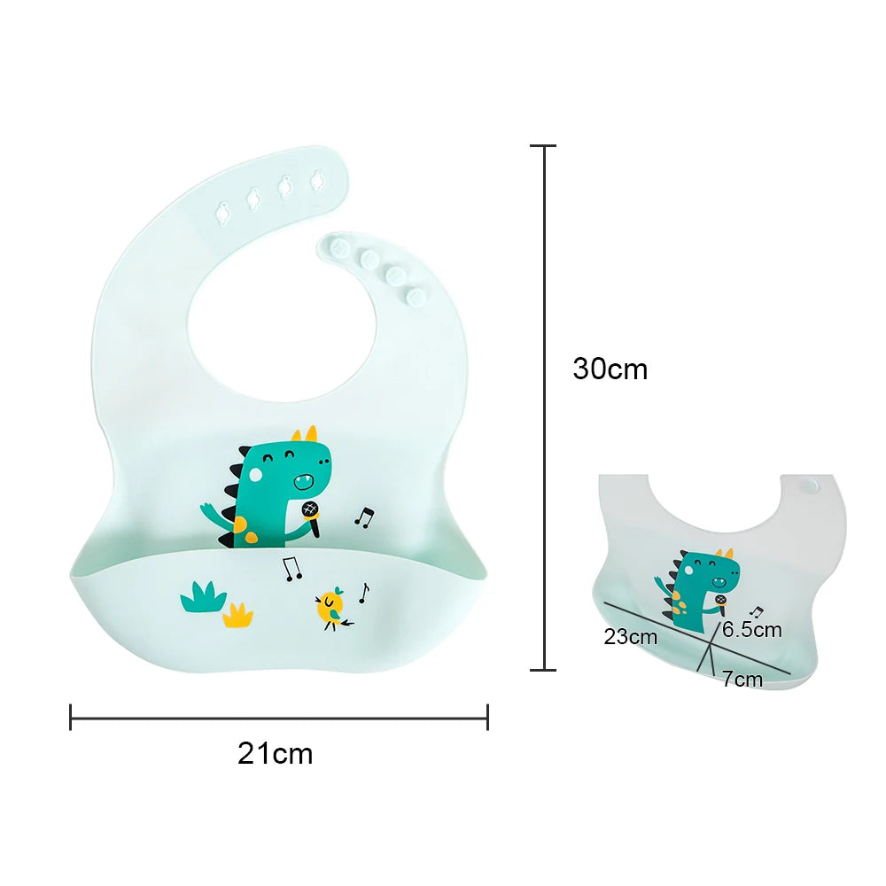 Waterproof Bibs For Kids Feeding Baby Eating Stuff Soft Silicone Babeast Cartoon Printed Adjustable Baby Tasting Feeding Bibs