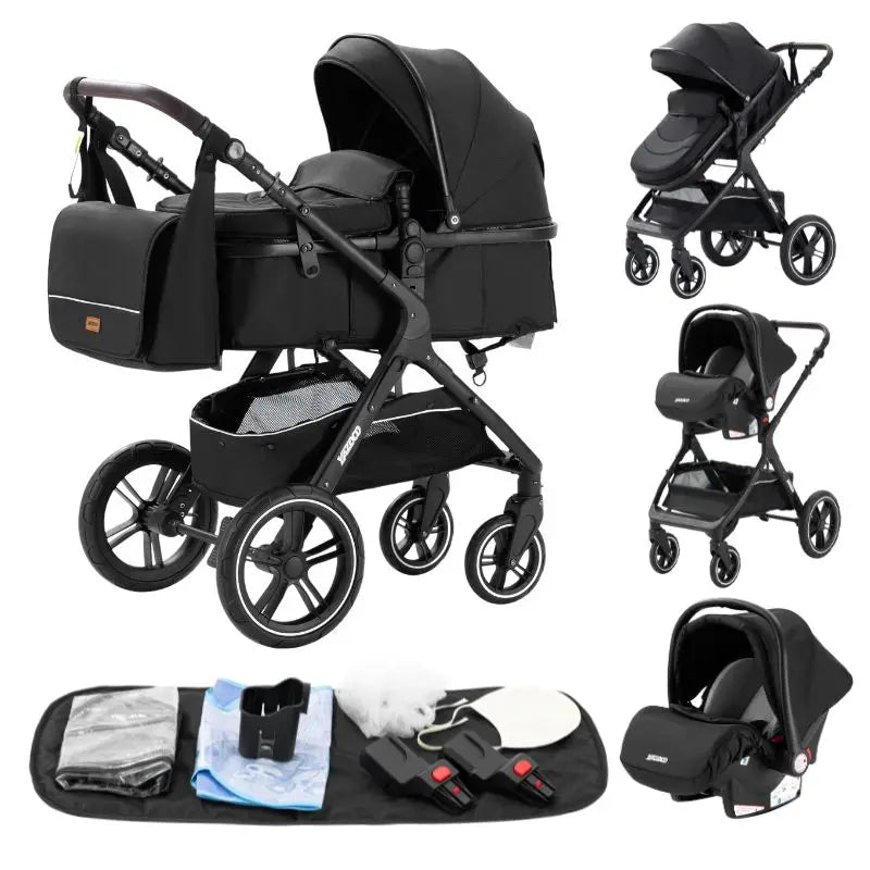 Baby Stroller 3 in 1 Luxurious Portable Travel Baby Carriage Fold Pram High Landscape Aluminum Frame Newborn Infant Stroller BLACK