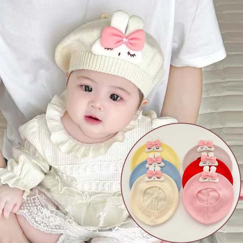 Sweet Cartoon Rabbit Baby Beret Hats Korean Princess Girl Cap Beanies Soft Infant Toddler Artist Painter Caps