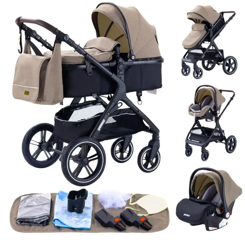 Baby Stroller 3 in 1 Luxurious Portable Travel Baby Carriage Fold Pram High Landscape Aluminum Frame Newborn Infant Stroller BLACK