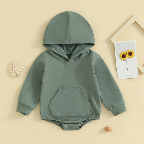 0-24months Baby Hooded Romper Long Sleeve Front Pocket Solid Color Bodysuit For Newborn Boys And Girls Spring Autumn Playsuit